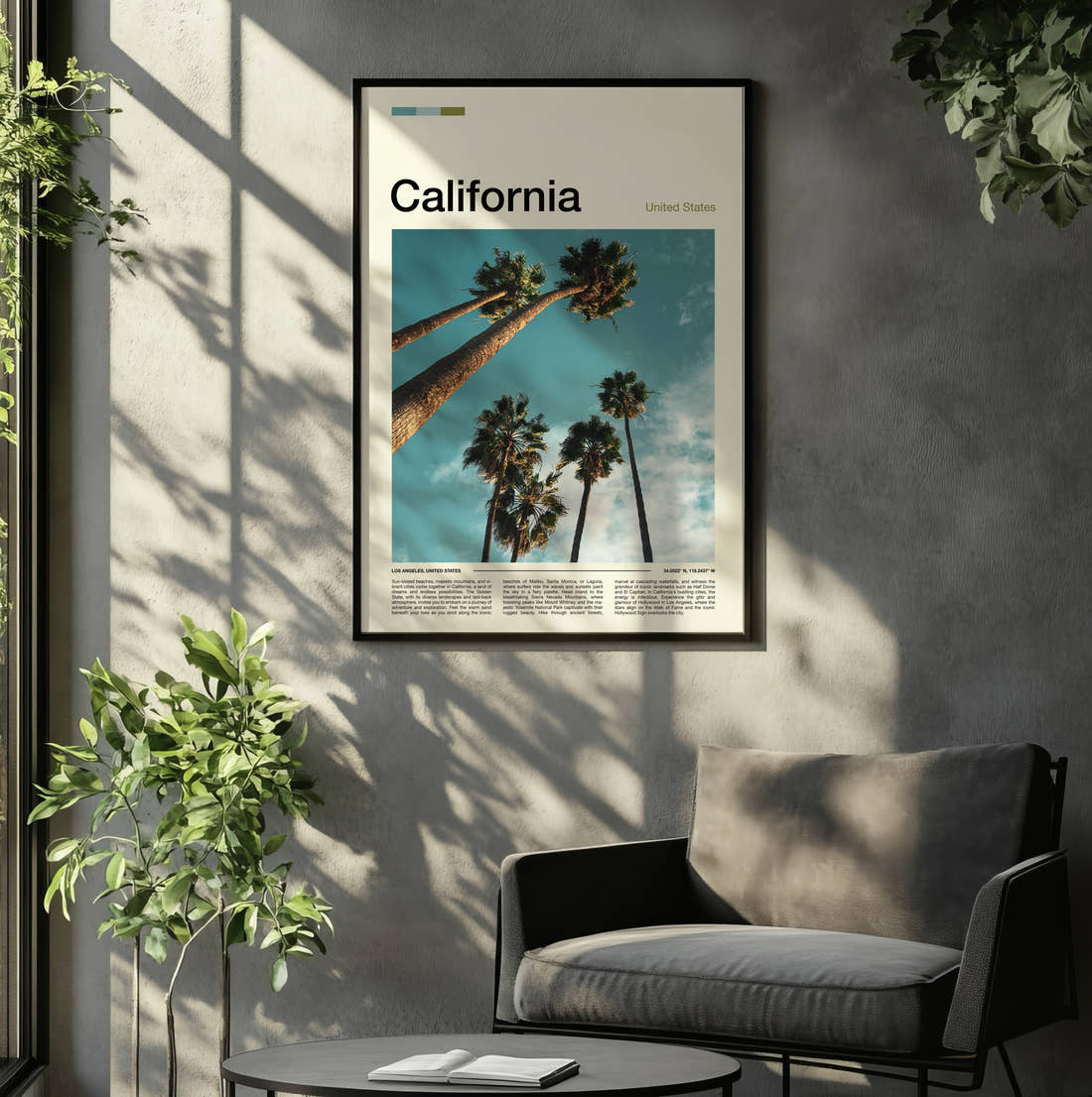 California Palm Trees From Below Travel Print framed on the wall of a relaxed living room