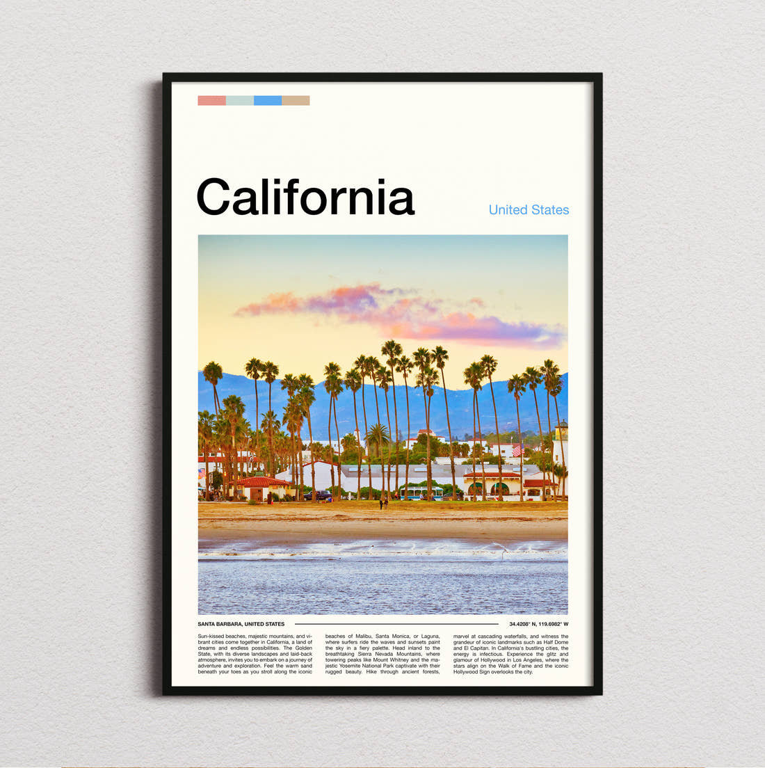 California Palm Lined Beach Travel Print framed and photographed straight on