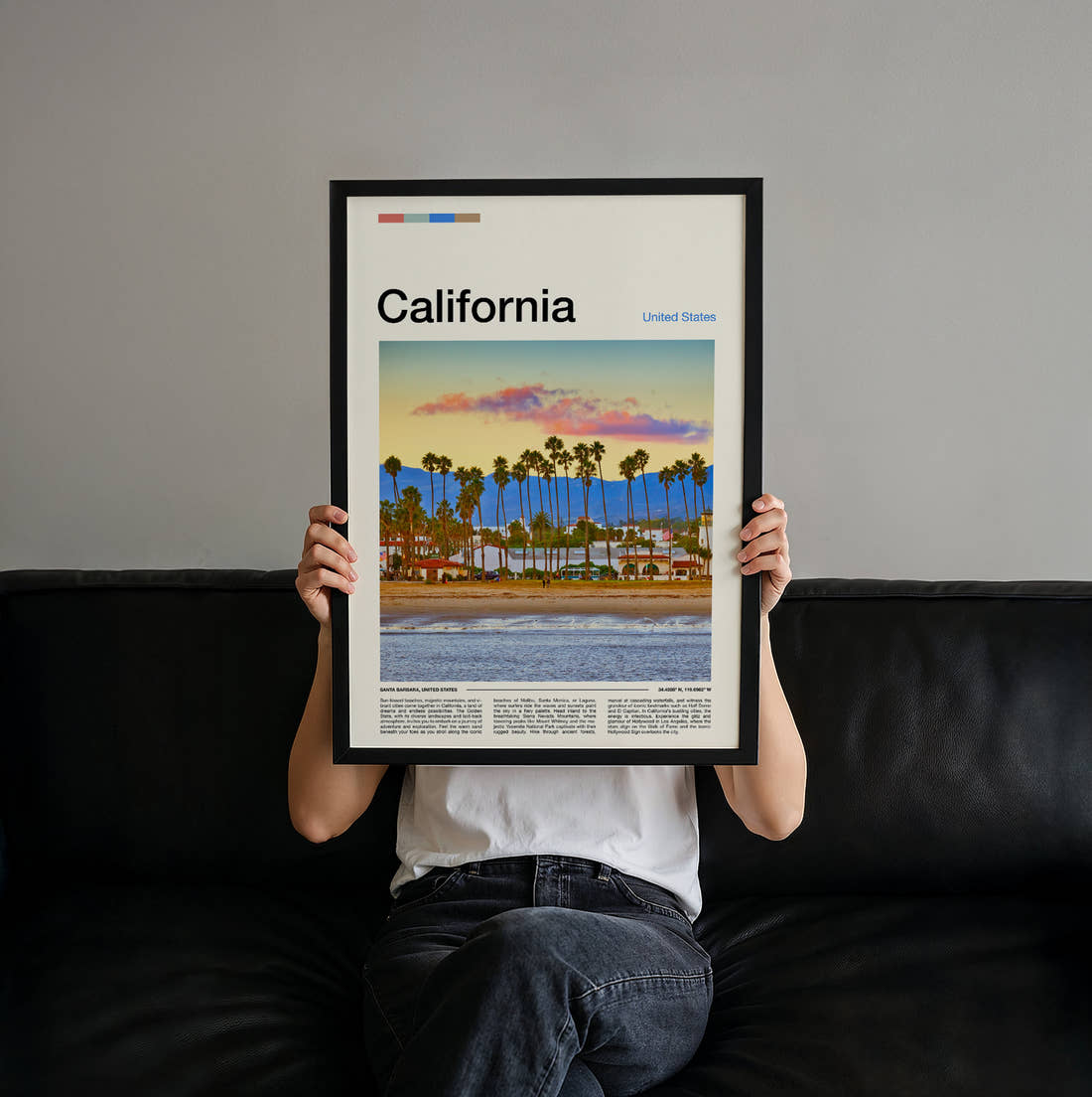 California Palm Lined Beach Travel Print held up by hand to show the size of the print
