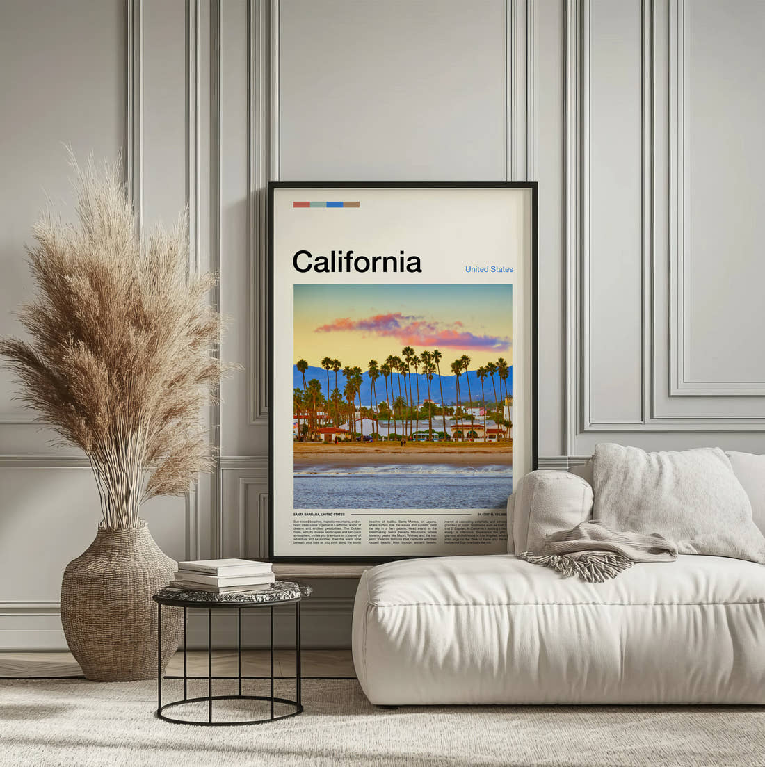 California Palm Lined Beach Travel Print framed on the wall of a calm, neutral bedroom