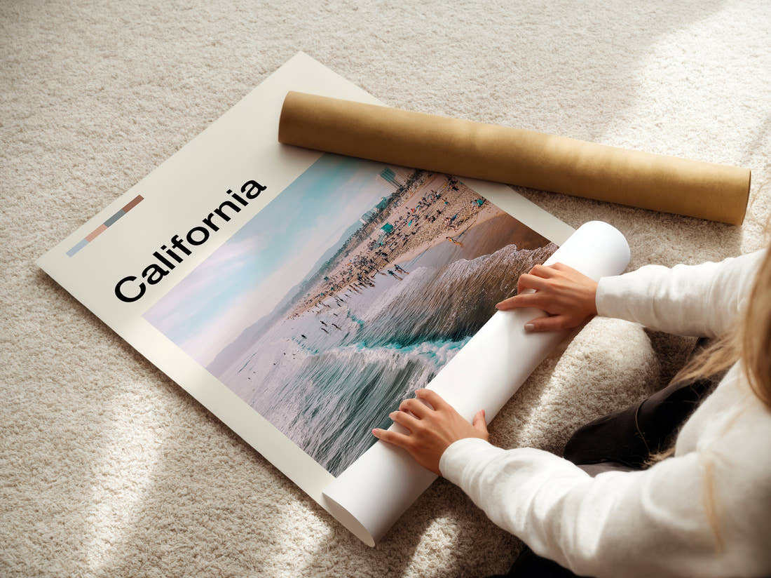 California Beach From Above Travel Print being unrolled from its postal tube
