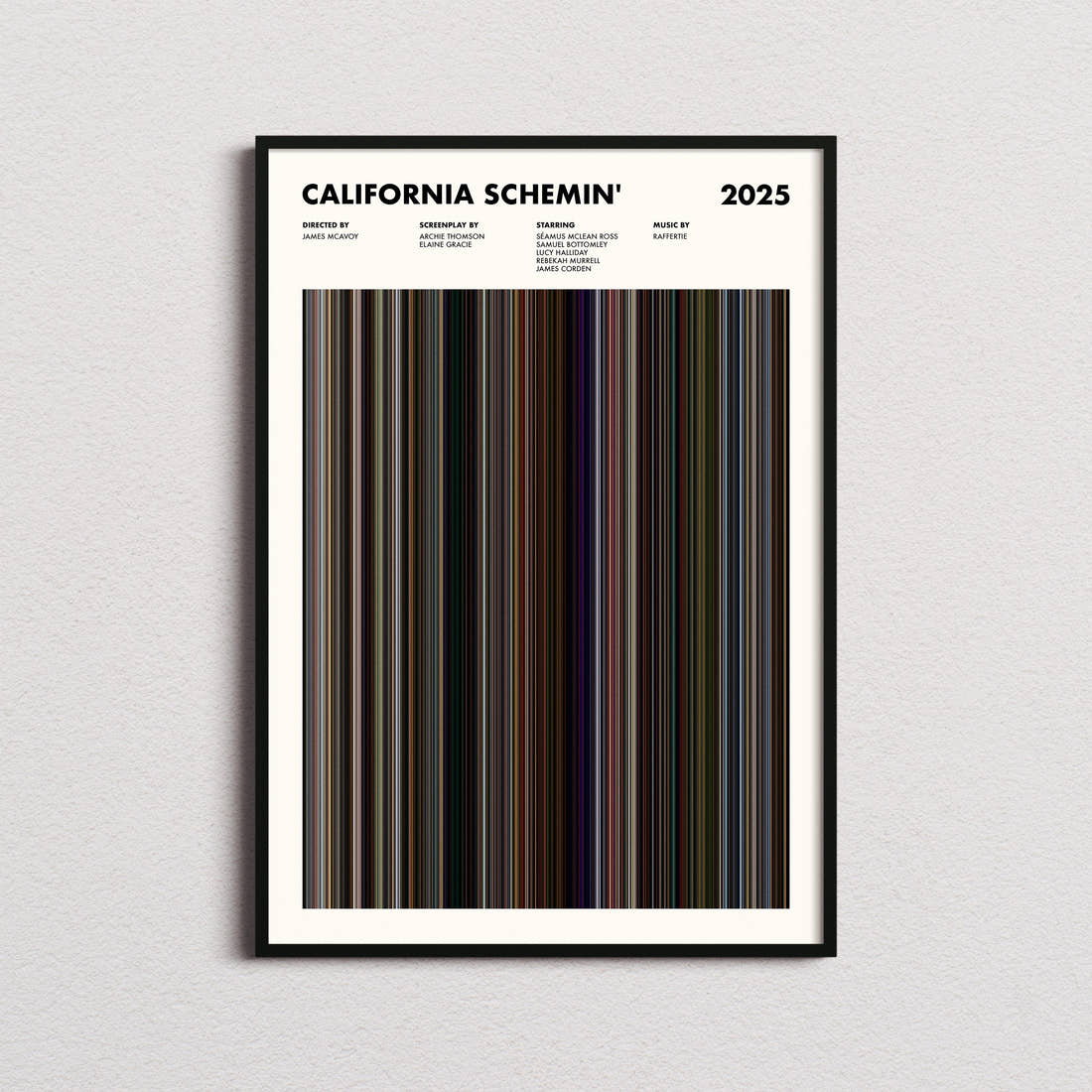 California Schemin' Movie Barcode Poster framed on a plain studio wall
