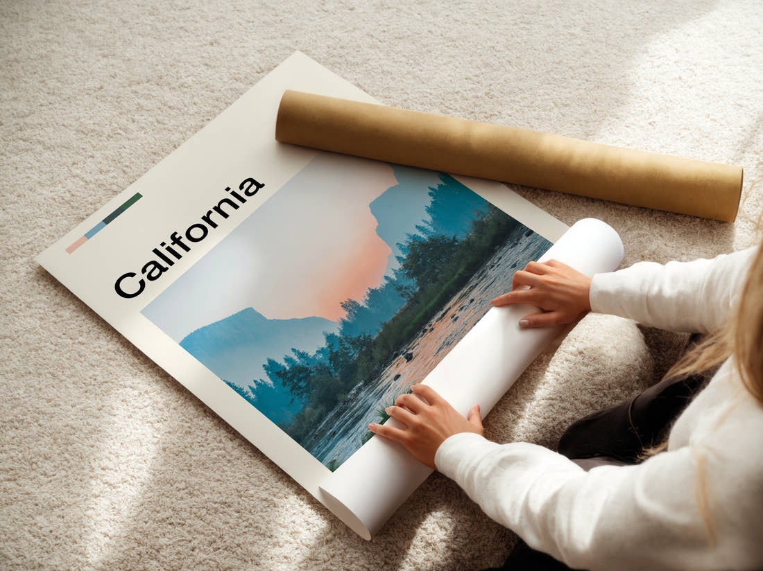 California Valley And River Travel Print being unrolled from its postal tube