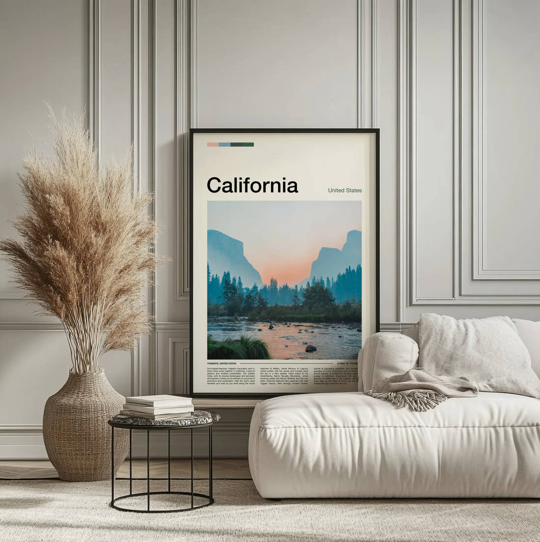 California Valley And River Travel Print framed on the wall of a calm, neutral bedroom