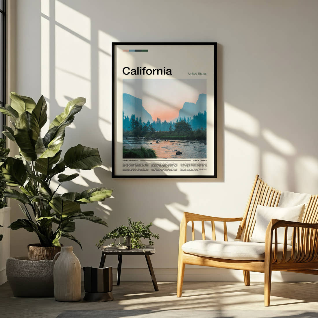 California Valley And River Travel Print framed on a pale wall beside houseplants