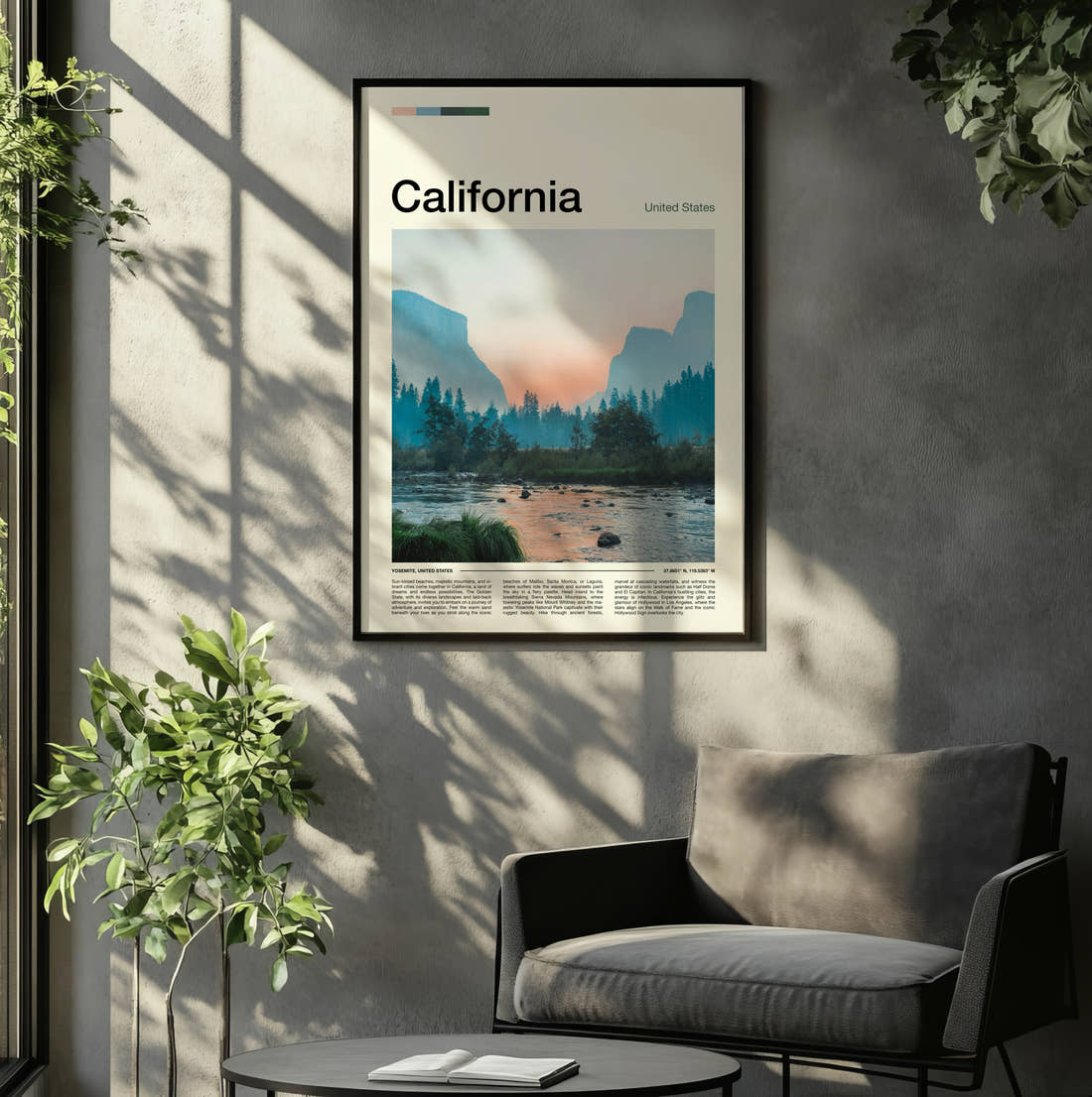 California Valley And River Travel Print framed on the wall of a relaxed living room