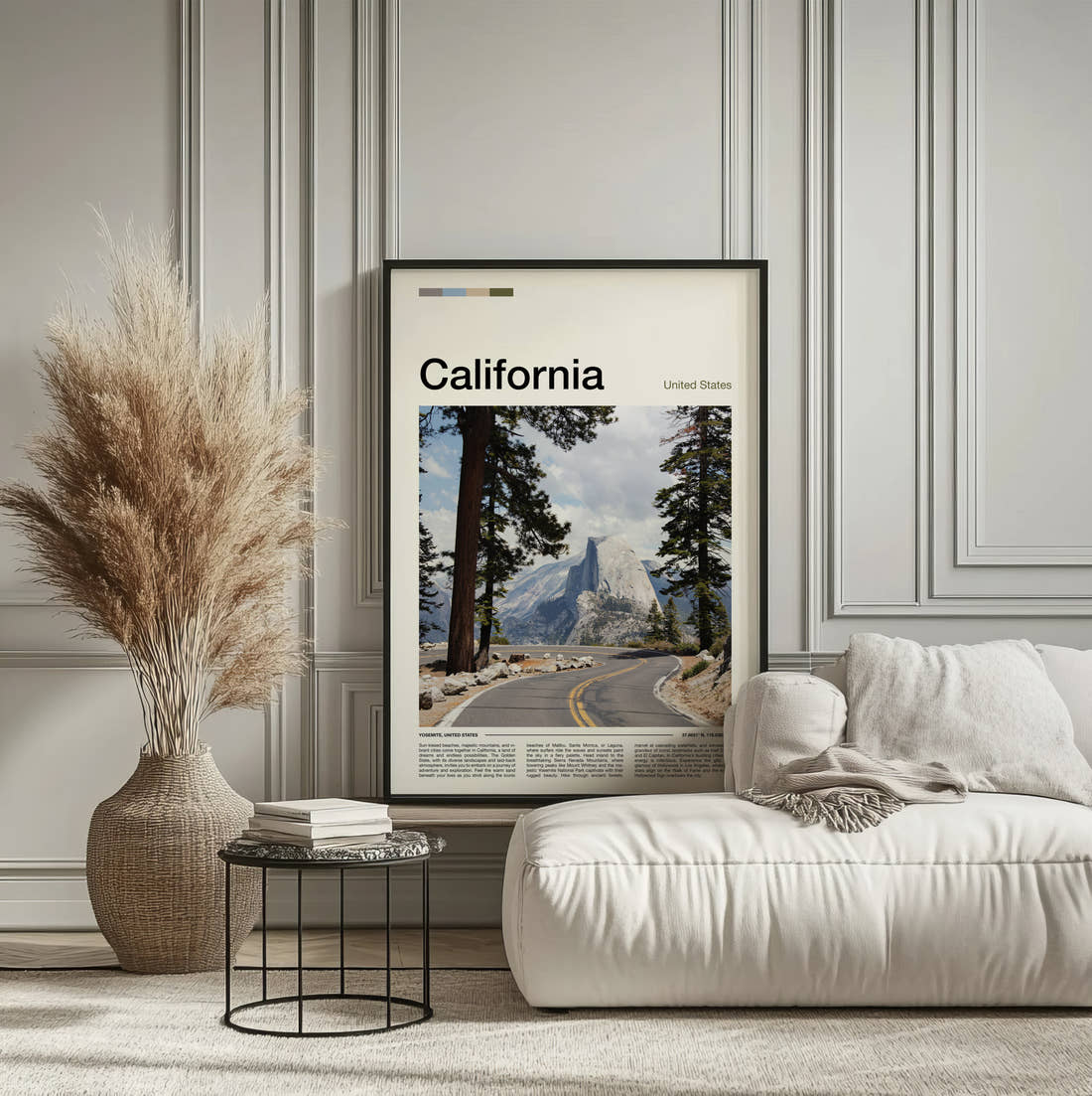 California Half Dome Travel Print framed on the wall of a calm, neutral bedroom