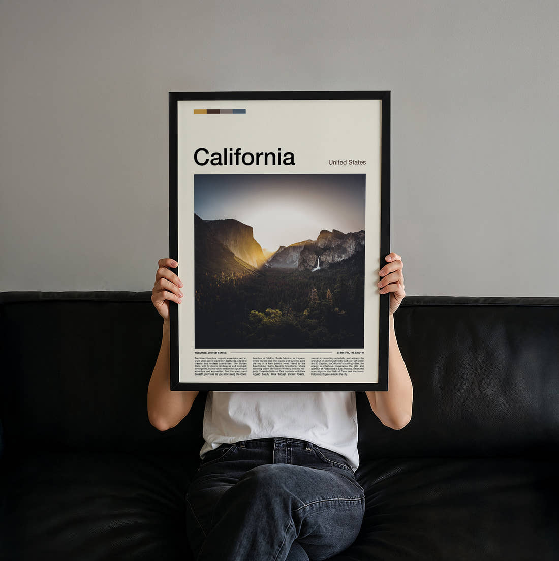 California El Capitan And Bridalveil Fall Travel Print held up by hand to show the size of the print