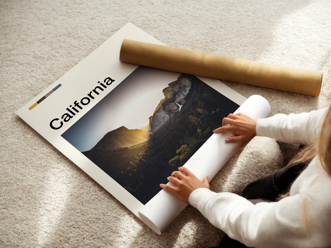 California El Capitan And Bridalveil Fall Travel Print being unrolled from its postal tube