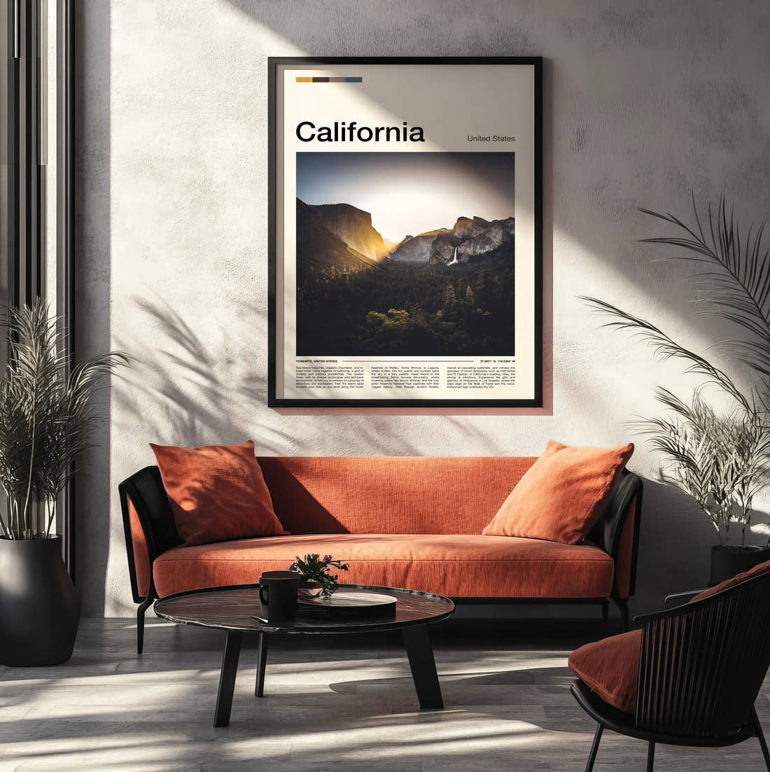 California El Capitan And Bridalveil Fall Travel Print framed on the wall of a modern living room