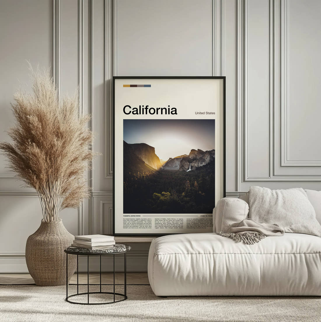 California El Capitan And Bridalveil Fall Travel Print framed on the wall of a calm, neutral bedroom