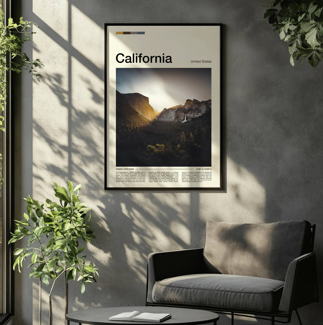 California El Capitan And Bridalveil Fall Travel Print framed on the wall of a relaxed living room