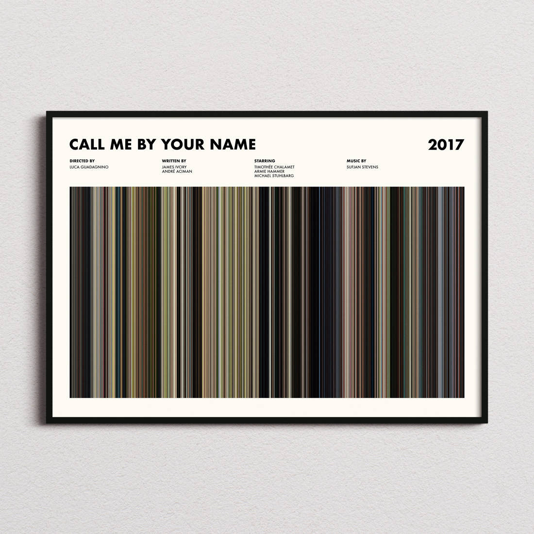 Call Me By Your Name Movie Barcode Poster framed and photographed straight on