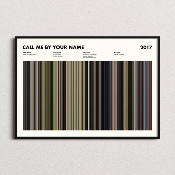 Call Me By Your Name Movie Barcode Poster framed and photographed straight on