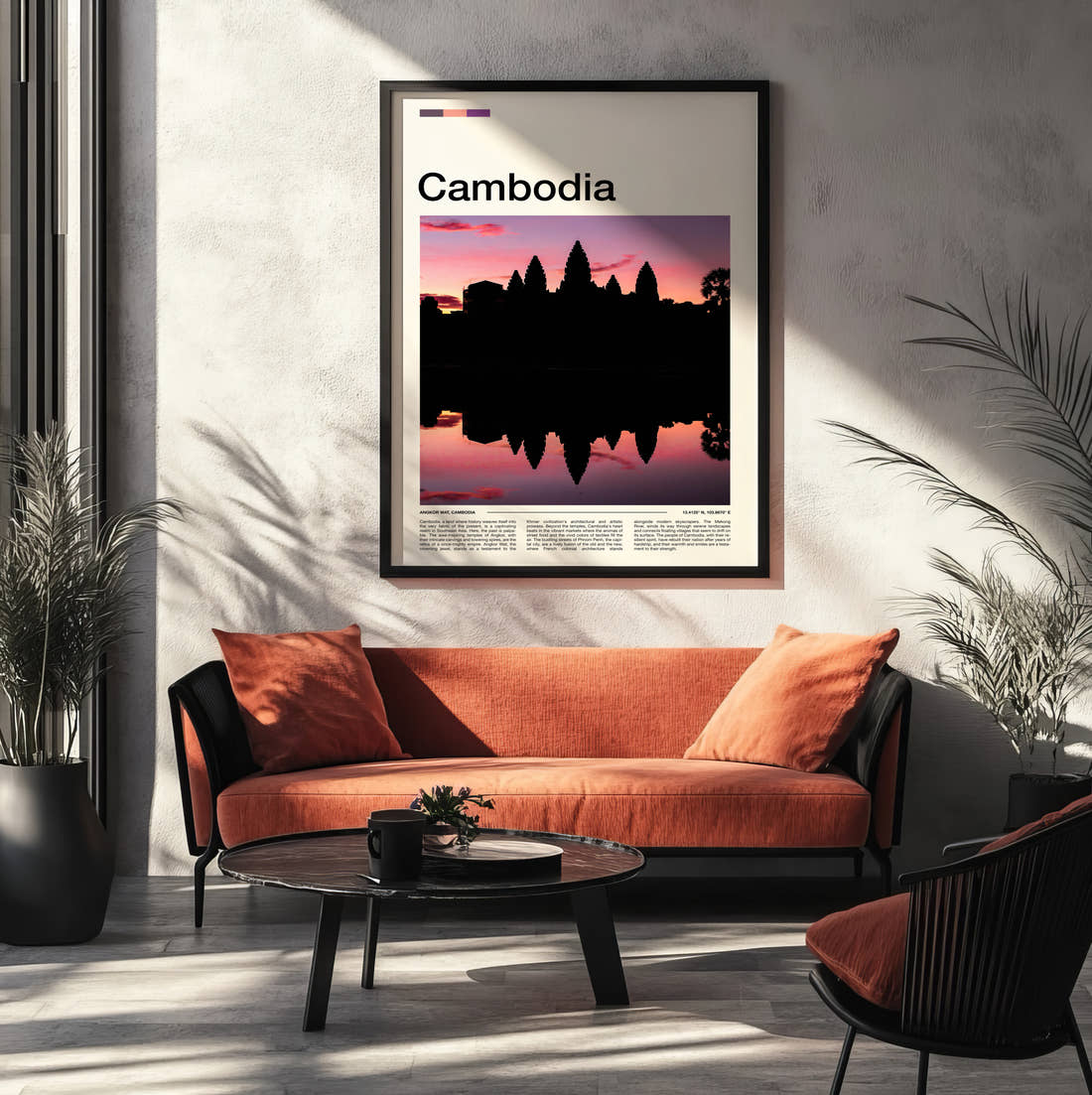 Cambodia Angkor Wat Silhouette Travel Print framed on the wall of a modern living room