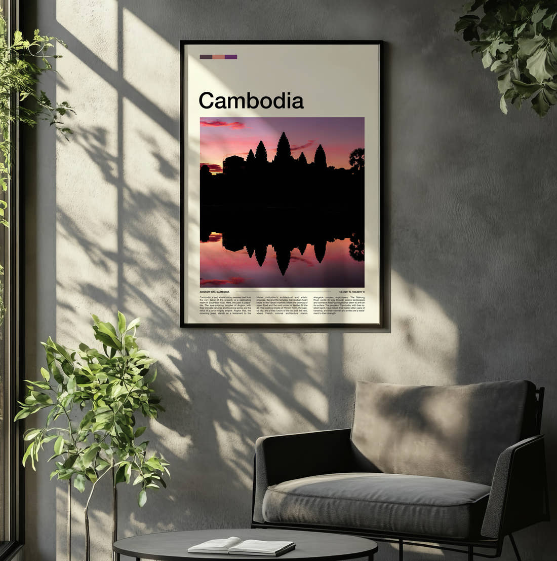 Cambodia Angkor Wat Silhouette Travel Print framed on the wall of a relaxed living room