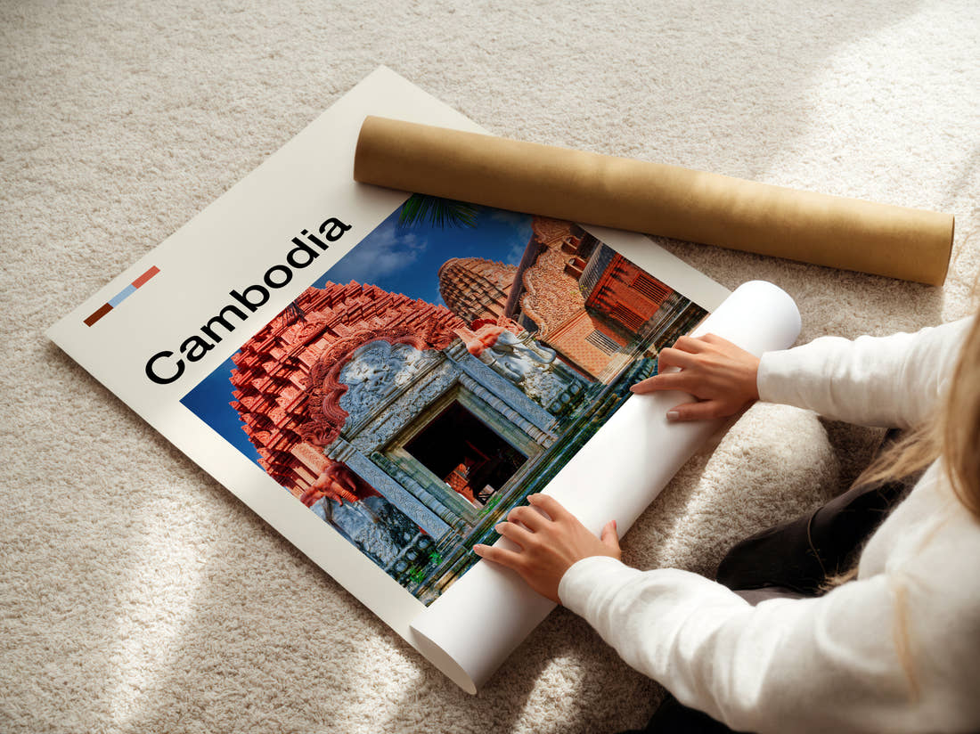Cambodia Colourful Temple Entrance Travel Print being unrolled from its postal tube