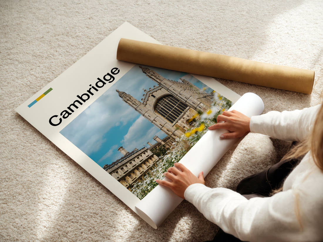 Cambridge King's College Chapel Travel Print being unrolled from its postal tube