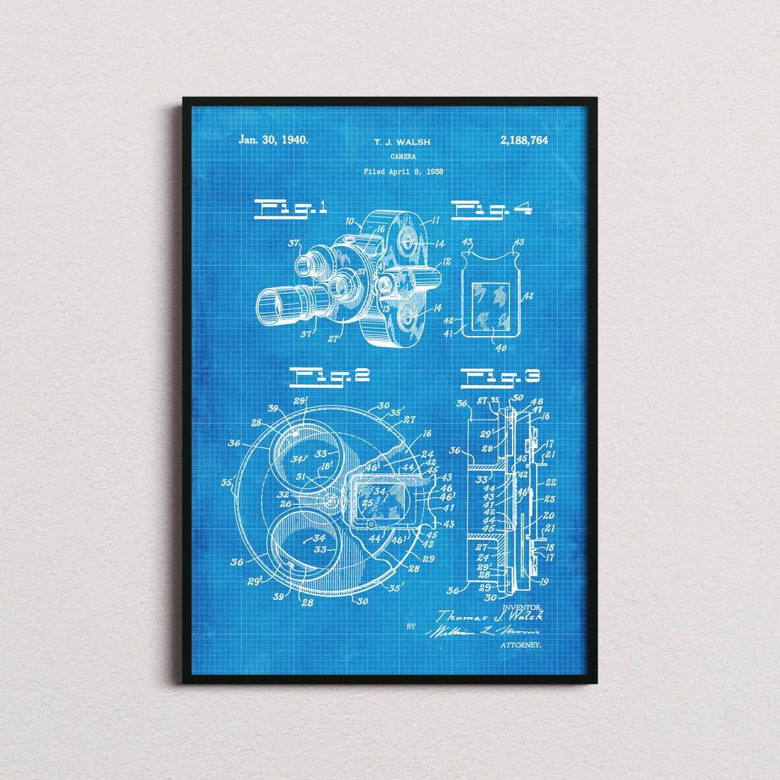 Camera 1938 Patent Print in the blueprint colourway, framed