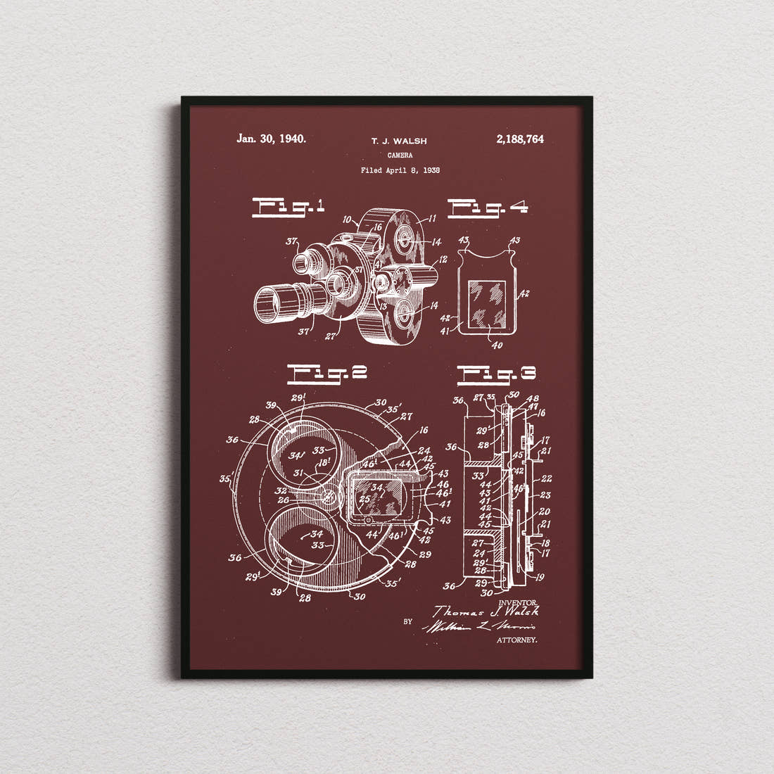 Camera 1938 Patent Print in the burgundy colourway, framed