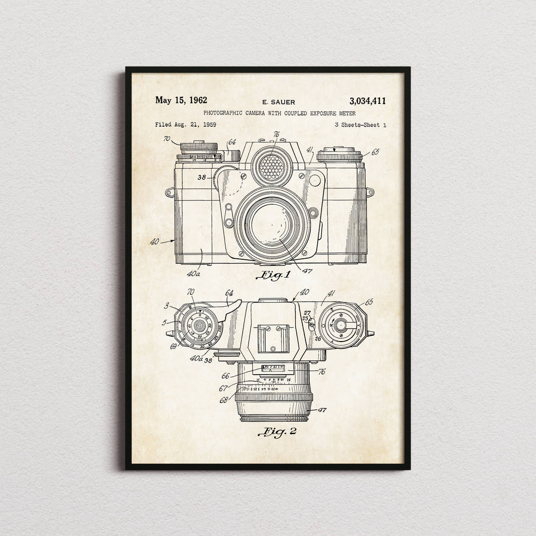 Camera 1962 Patent Print in the aged paper colourway, framed