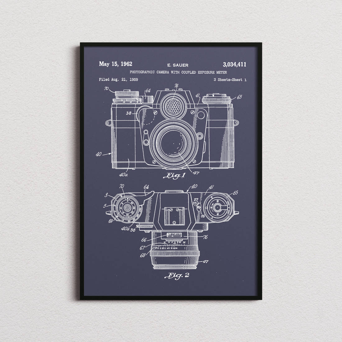 Camera 1962 Patent Print in the navy colourway, framed