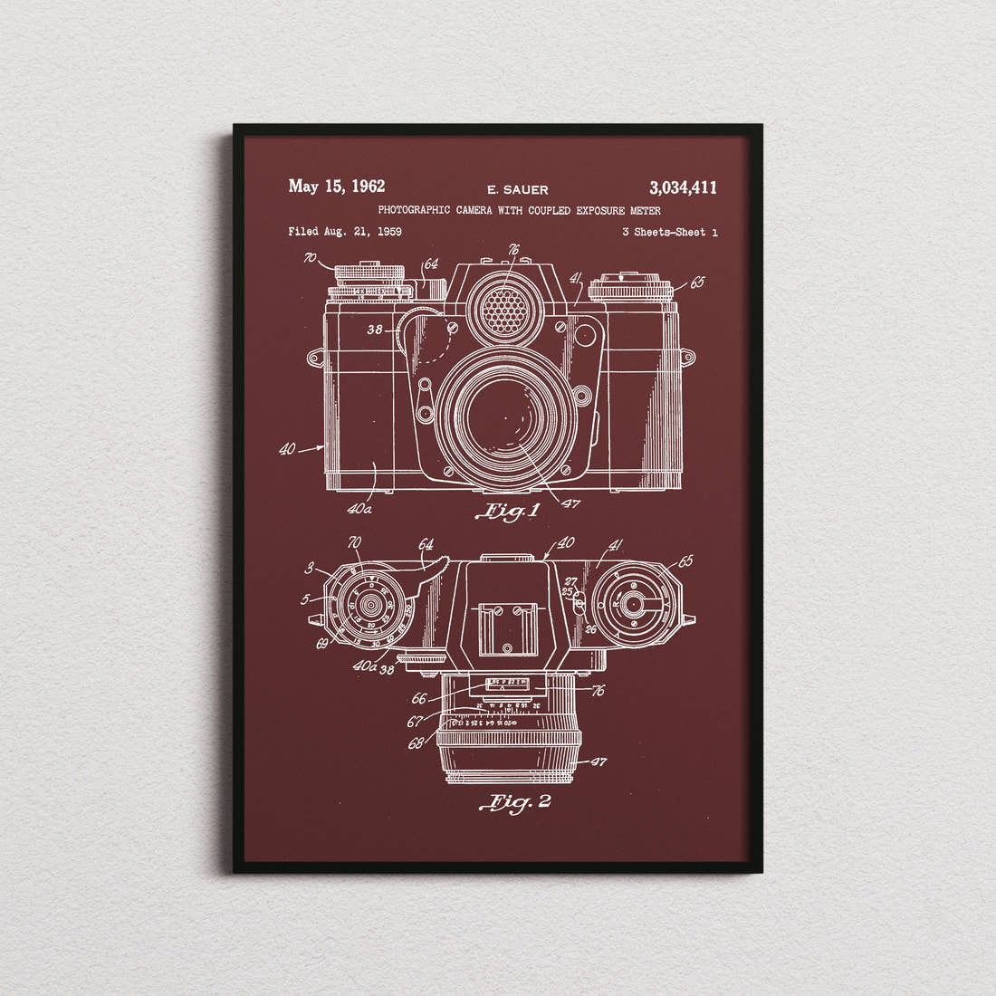 Camera 1962 Patent Print in the burgundy colourway, framed