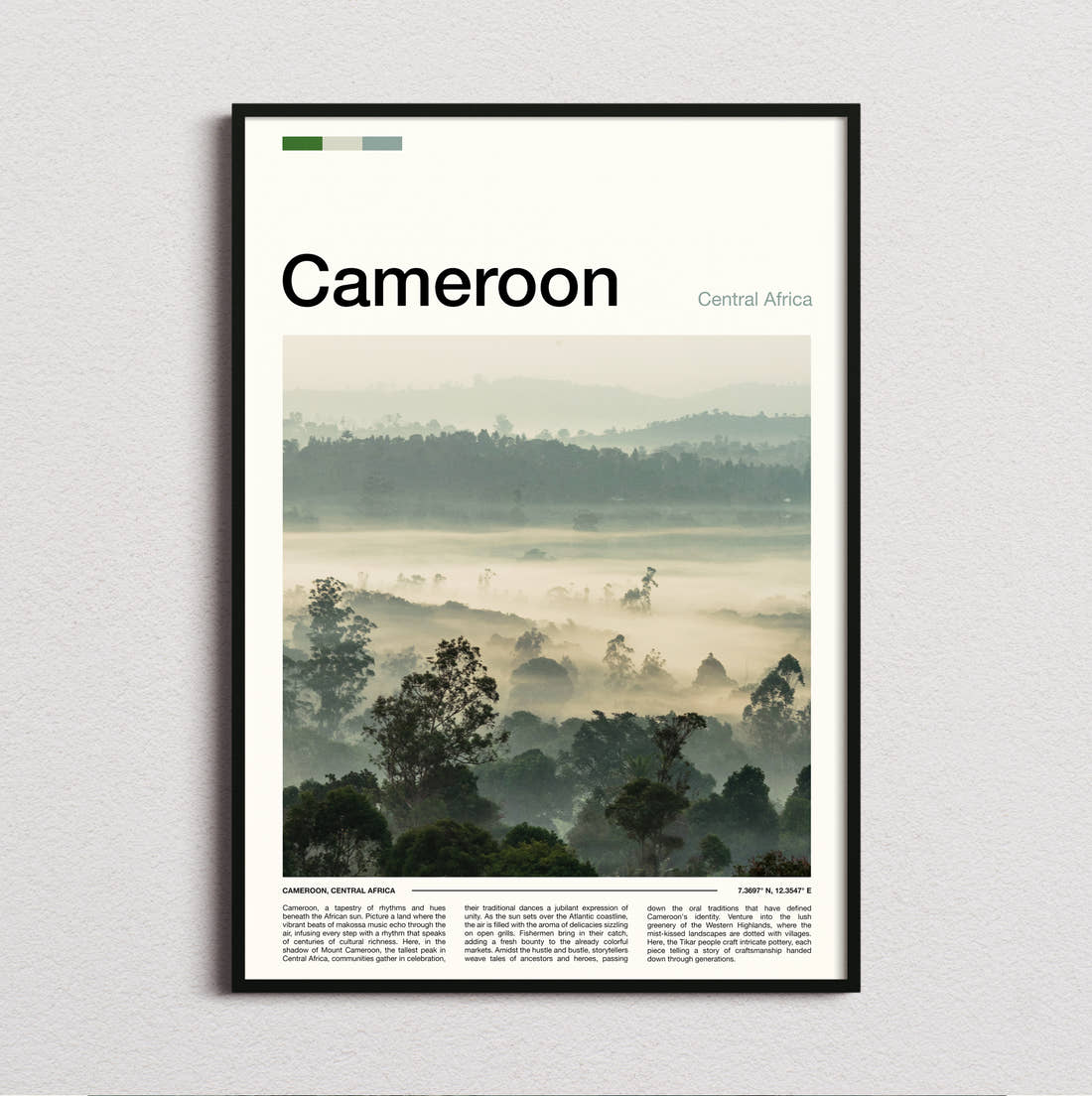 Cameroon Misty Forested Hills Travel Print framed and photographed straight on