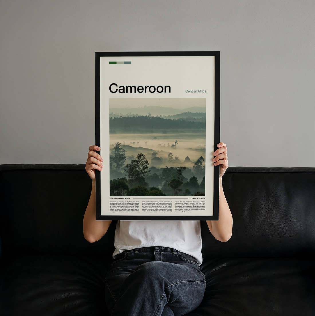 Cameroon Misty Forested Hills Travel Print held up by hand to show the size of the print