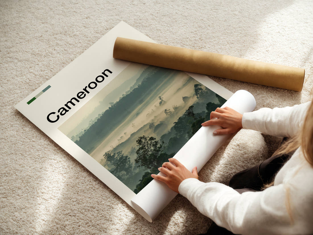 Cameroon Misty Forested Hills Travel Print being unrolled from its postal tube