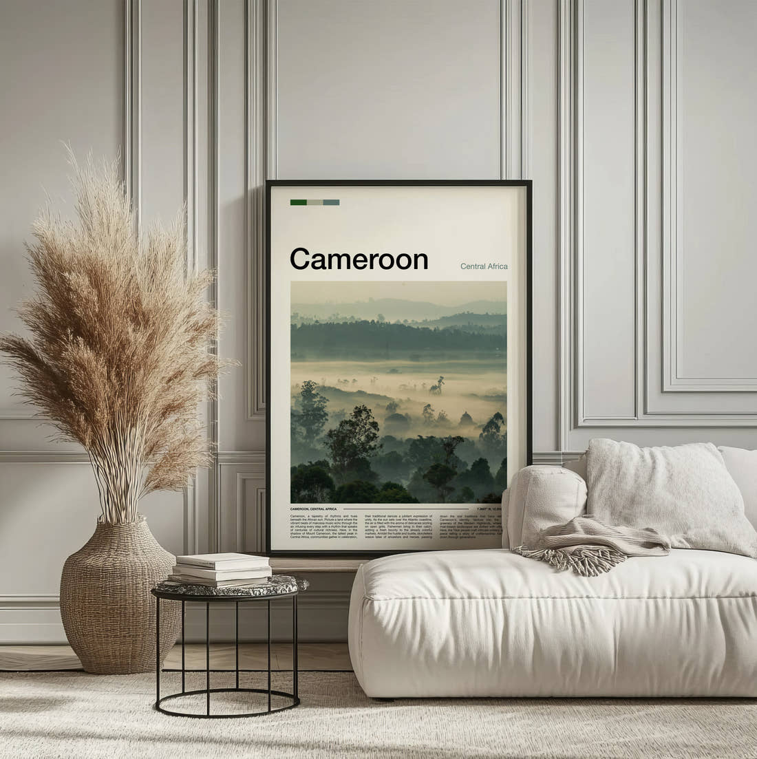 Cameroon Misty Forested Hills Travel Print framed on the wall of a calm, neutral bedroom