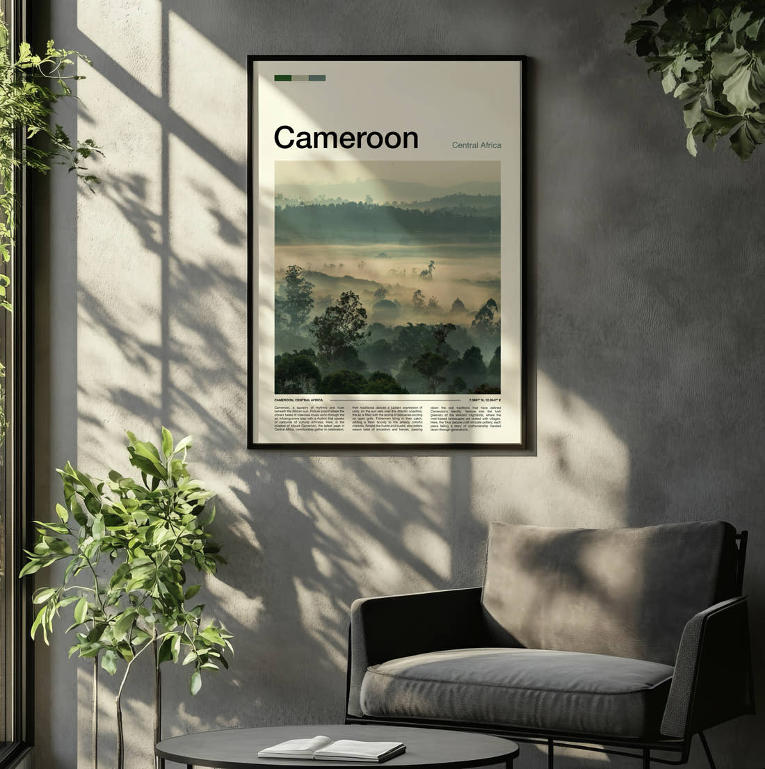 Cameroon Misty Forested Hills Travel Print framed on the wall of a relaxed living room