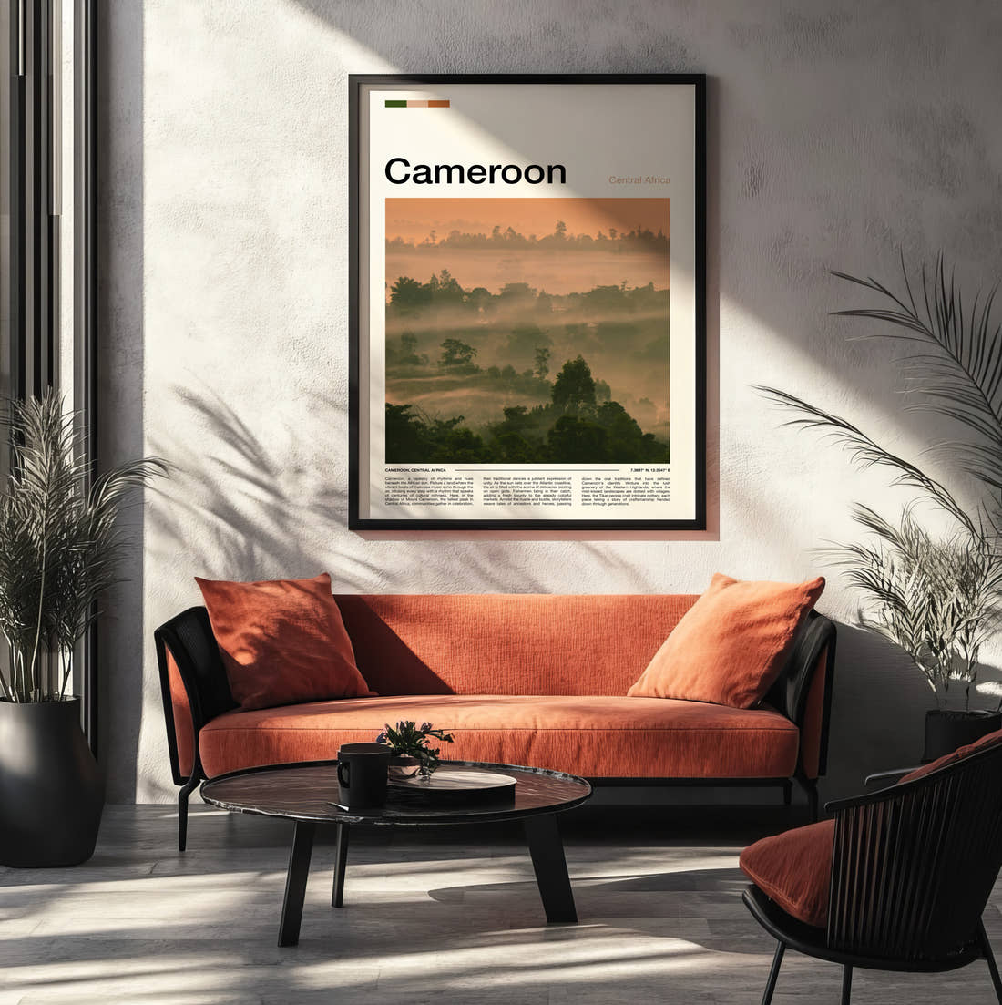 Cameroon Misty Jungle At Dawn Travel Print framed on the wall of a modern living room