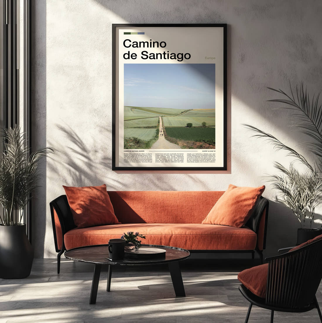 Camino De Santiago Path Through Fields Travel Print framed on the wall of a modern living room