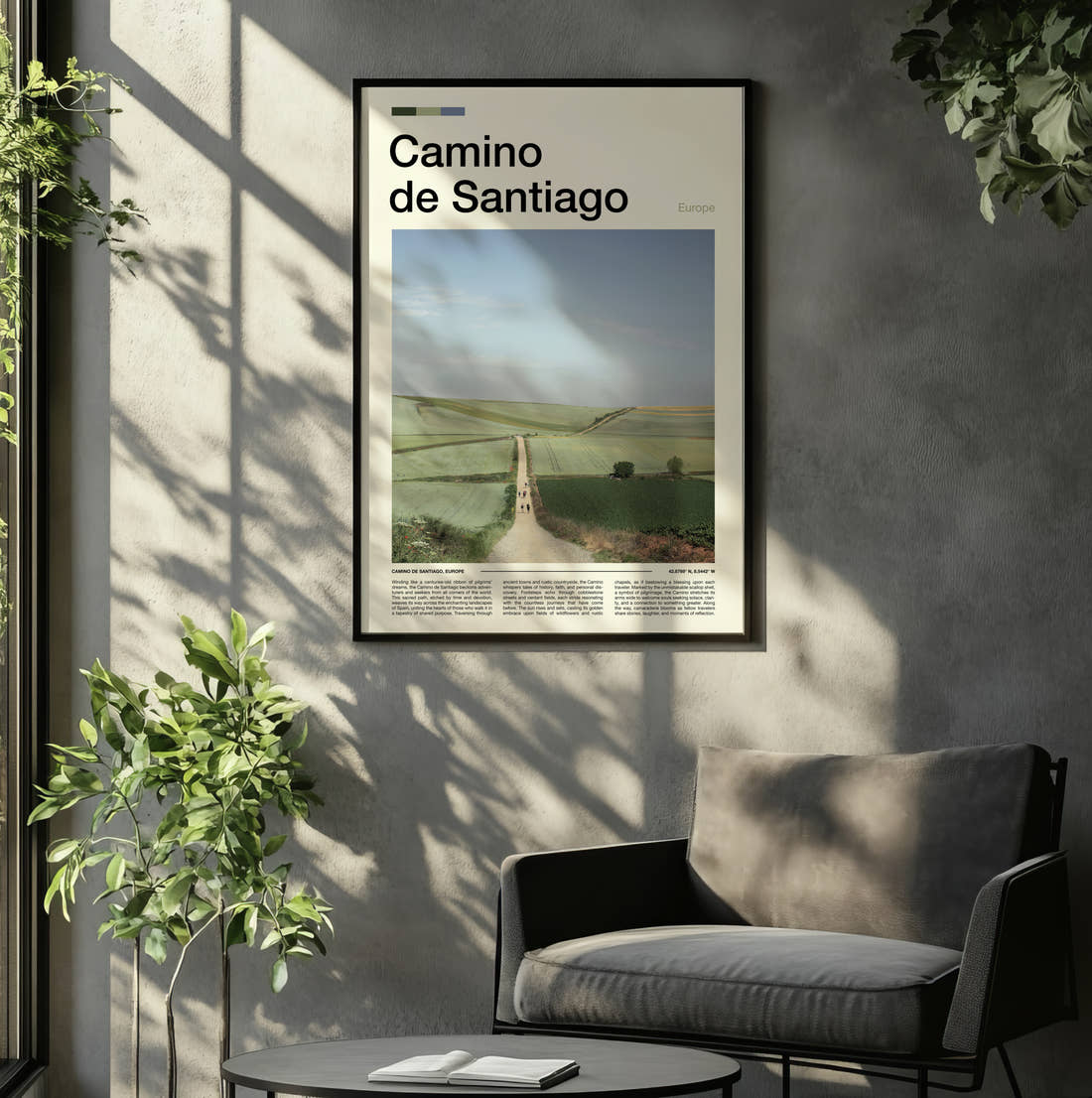 Camino De Santiago Path Through Fields Travel Print framed on the wall of a relaxed living room
