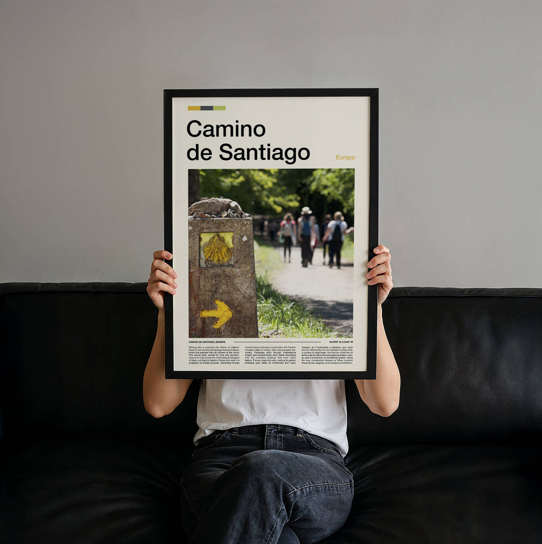 Camino De Santiago Scallop Shell Marker Travel Print held up by hand to show the size of the print