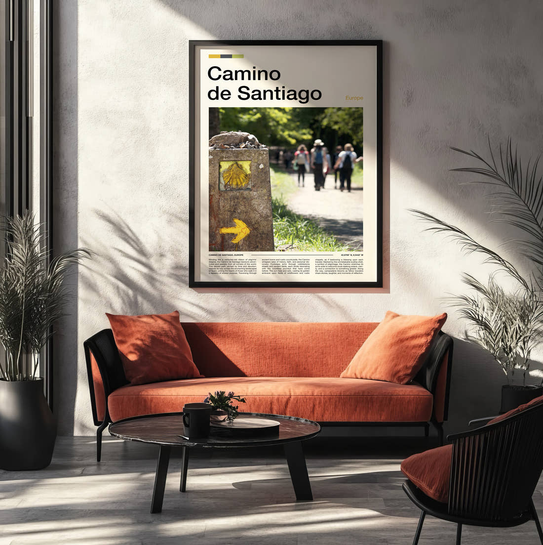 Camino De Santiago Scallop Shell Marker Travel Print framed on the wall of a modern living room