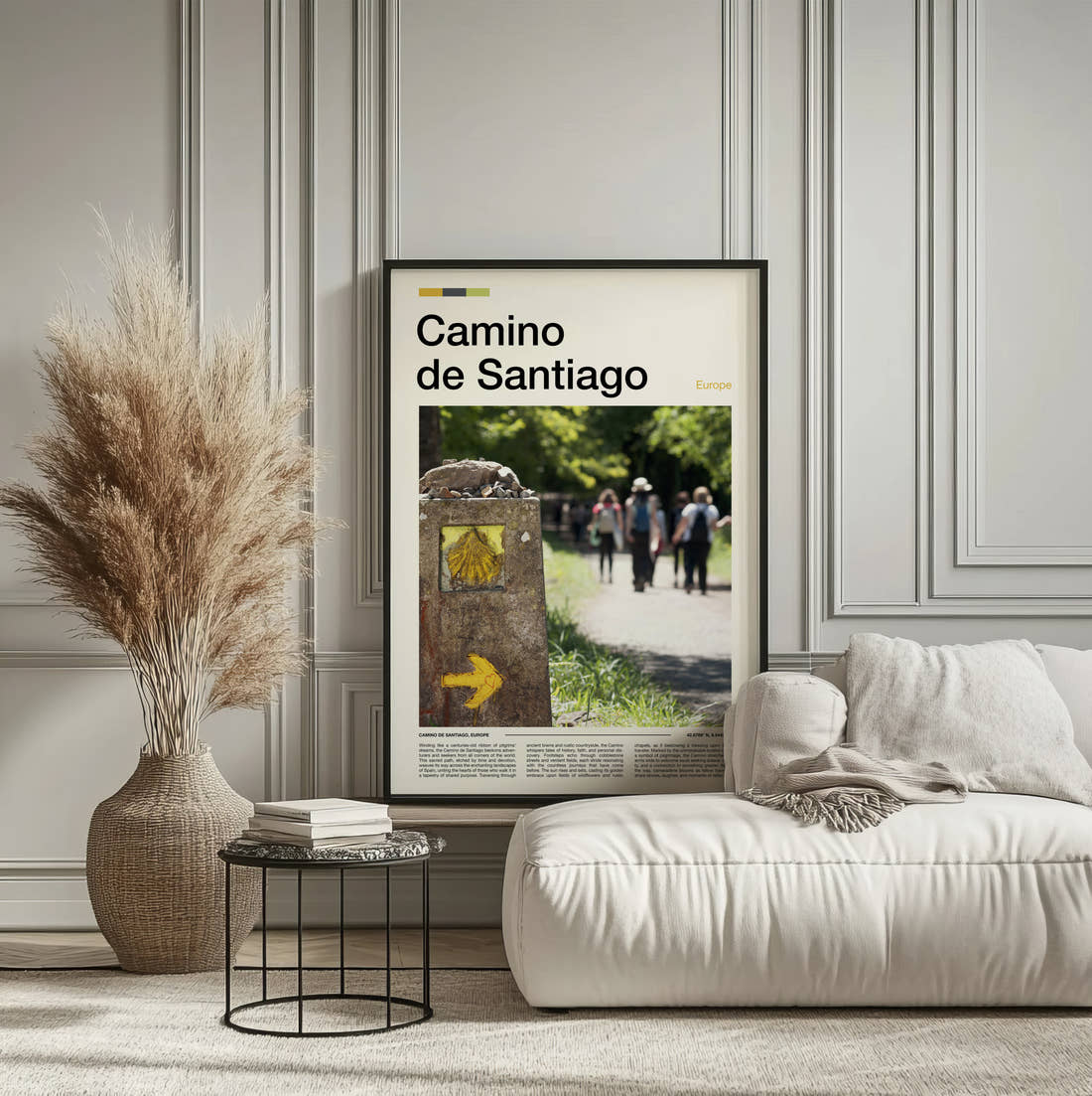 Camino De Santiago Scallop Shell Marker Travel Print framed on the wall of a calm, neutral bedroom