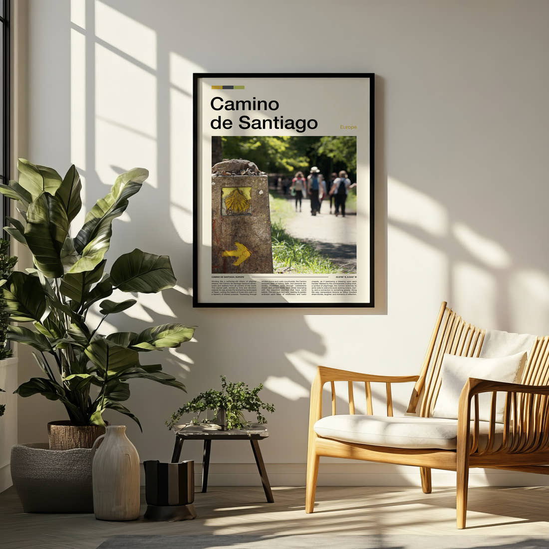 Camino De Santiago Scallop Shell Marker Travel Print framed on a pale wall beside houseplants
