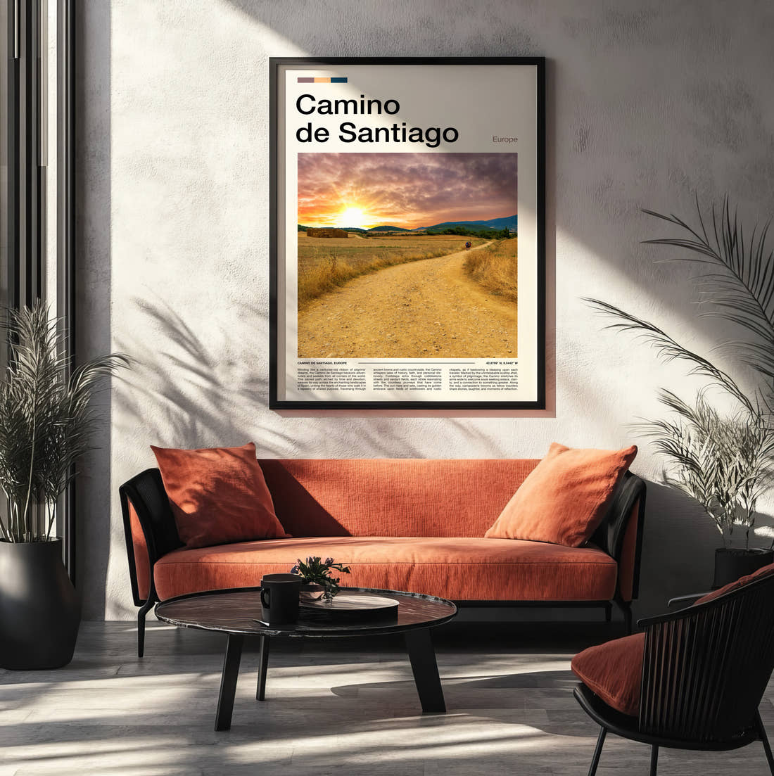 Camino De Santiago Sunset Over Fields Travel Print framed on the wall of a modern living room
