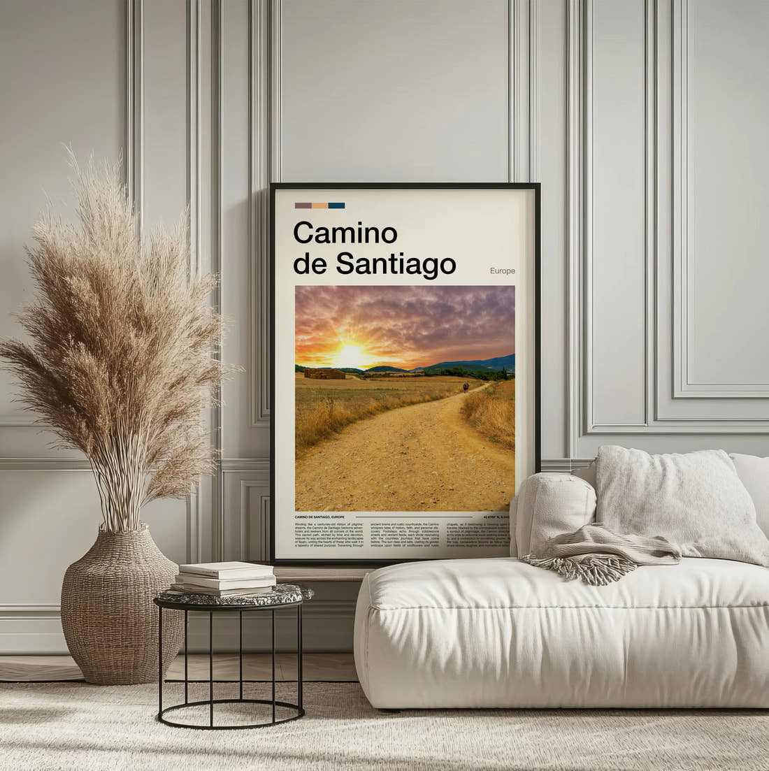 Camino De Santiago Sunset Over Fields Travel Print framed on the wall of a calm, neutral bedroom