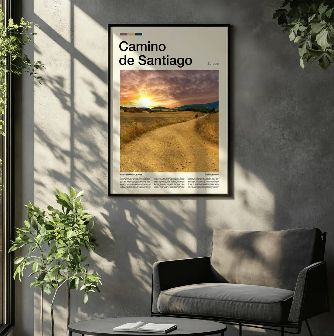 Camino De Santiago Sunset Over Fields Travel Print framed on the wall of a relaxed living room