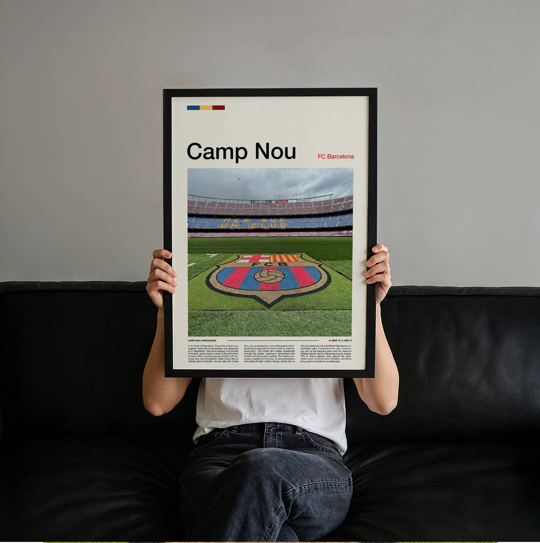 Camp Nou Stadium Print held up by hand to show the size of the print