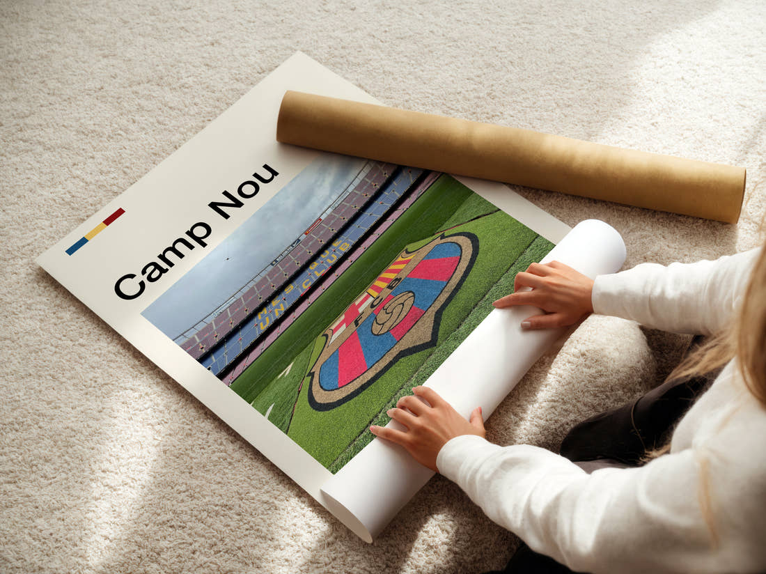 Camp Nou Stadium Print being unrolled from its postal tube