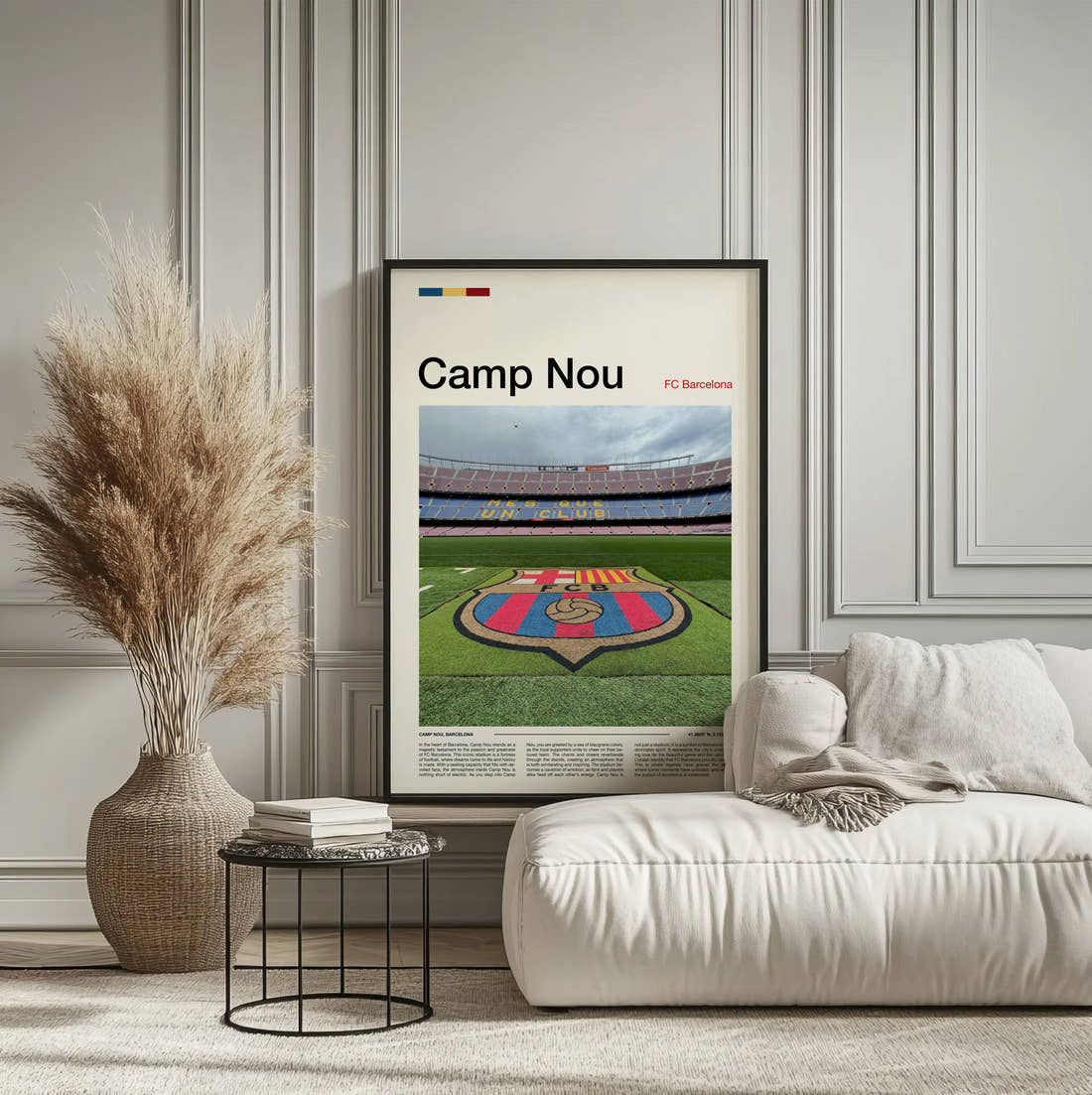 Camp Nou Stadium Print framed on the wall of a calm, neutral bedroom
