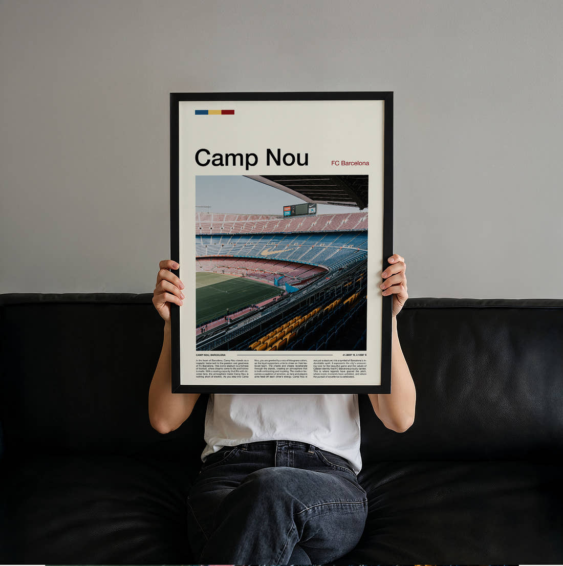 Camp Nou Stadium Print held up by hand to show the size of the print