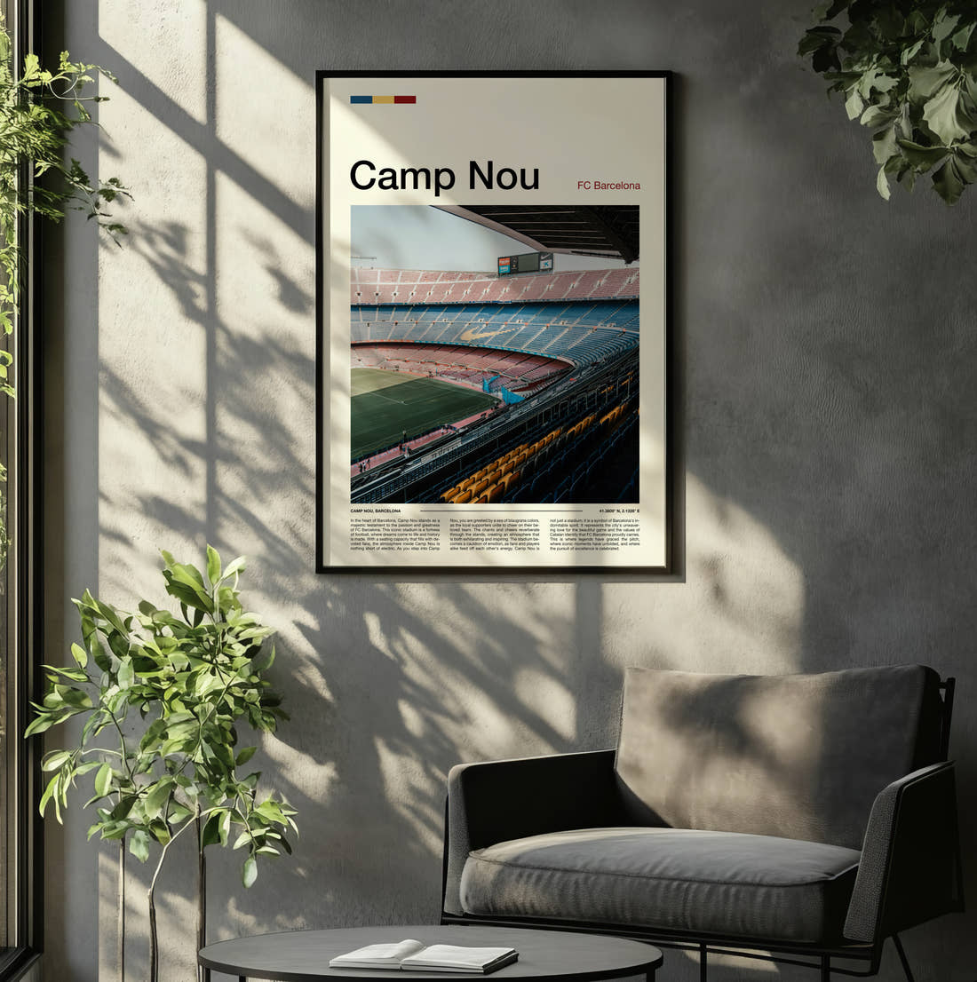 Camp Nou Stadium Print framed on the wall of a relaxed living room