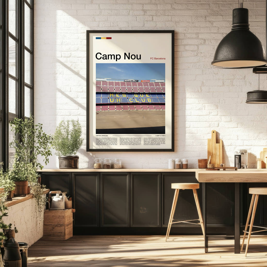 Camp Nou Stadium Print framed on the wall of a bright kitchen and dining space