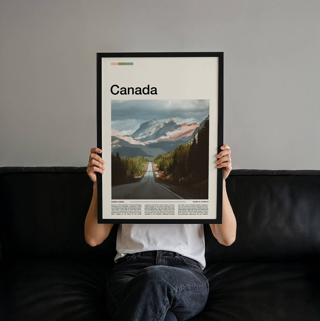Canada Mountain Road Travel Print held up by hand to show the size of the print
