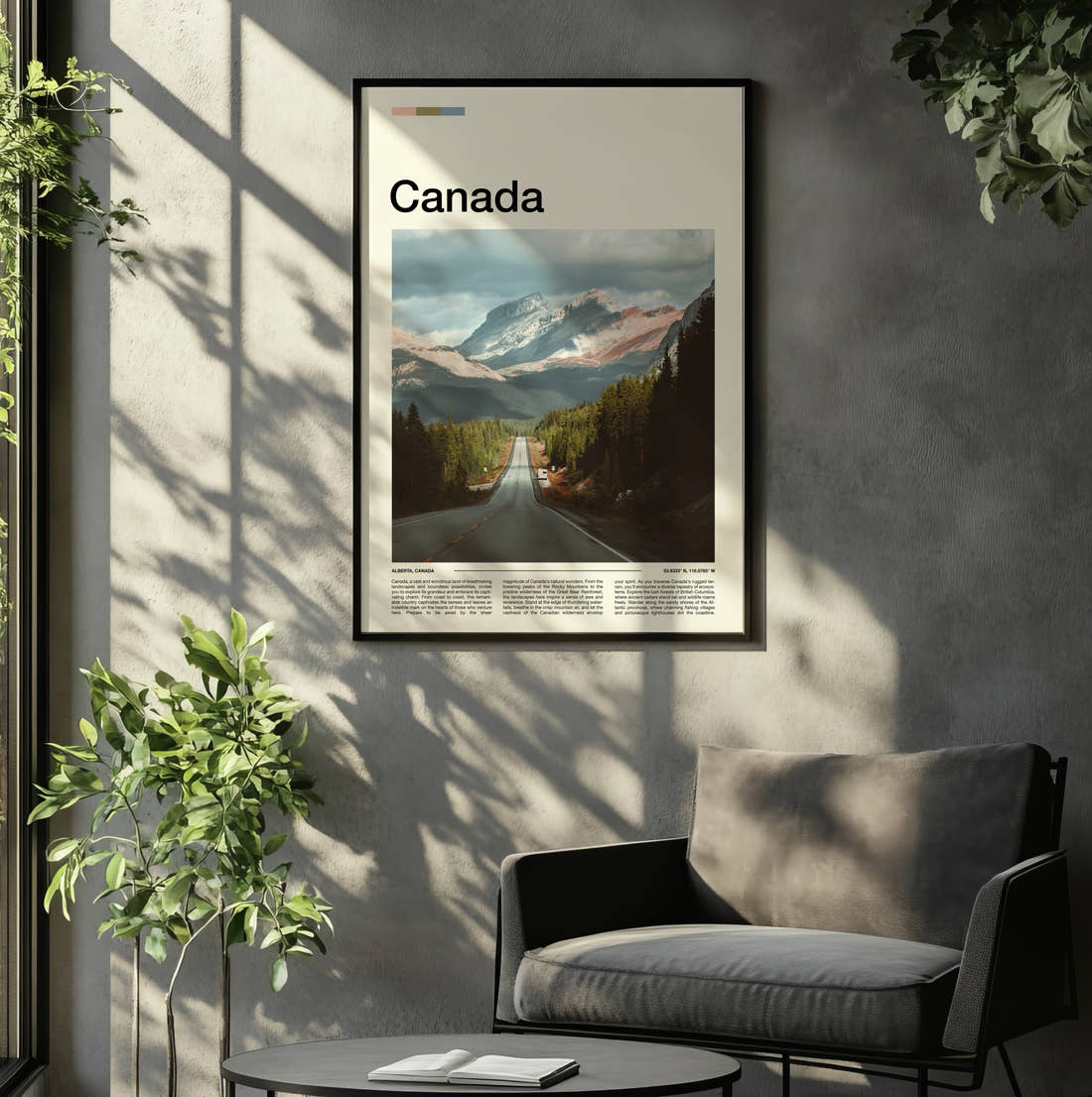 Canada Mountain Road Travel Print framed on the wall of a relaxed living room